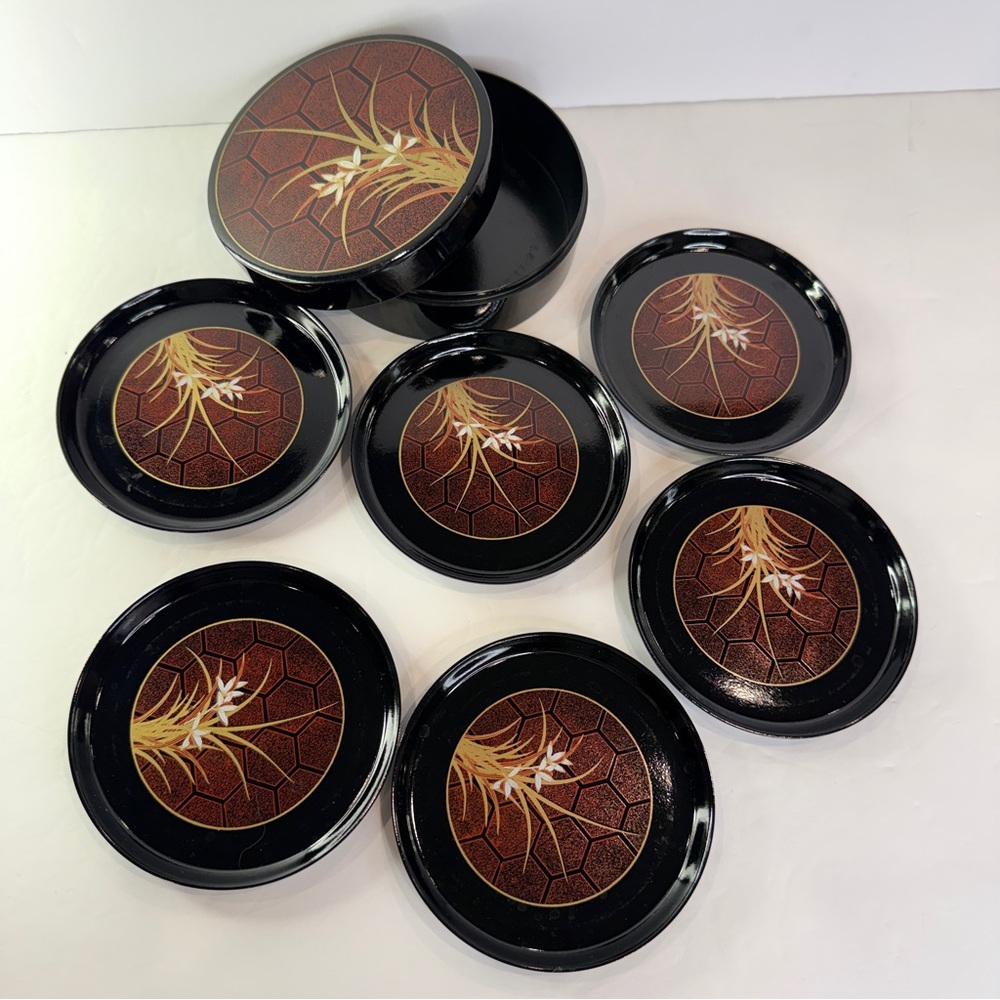 💛Vintage Japanese Lacquer Coaster Set Himark OMARK 🖤💛 6 Coasters With Holder